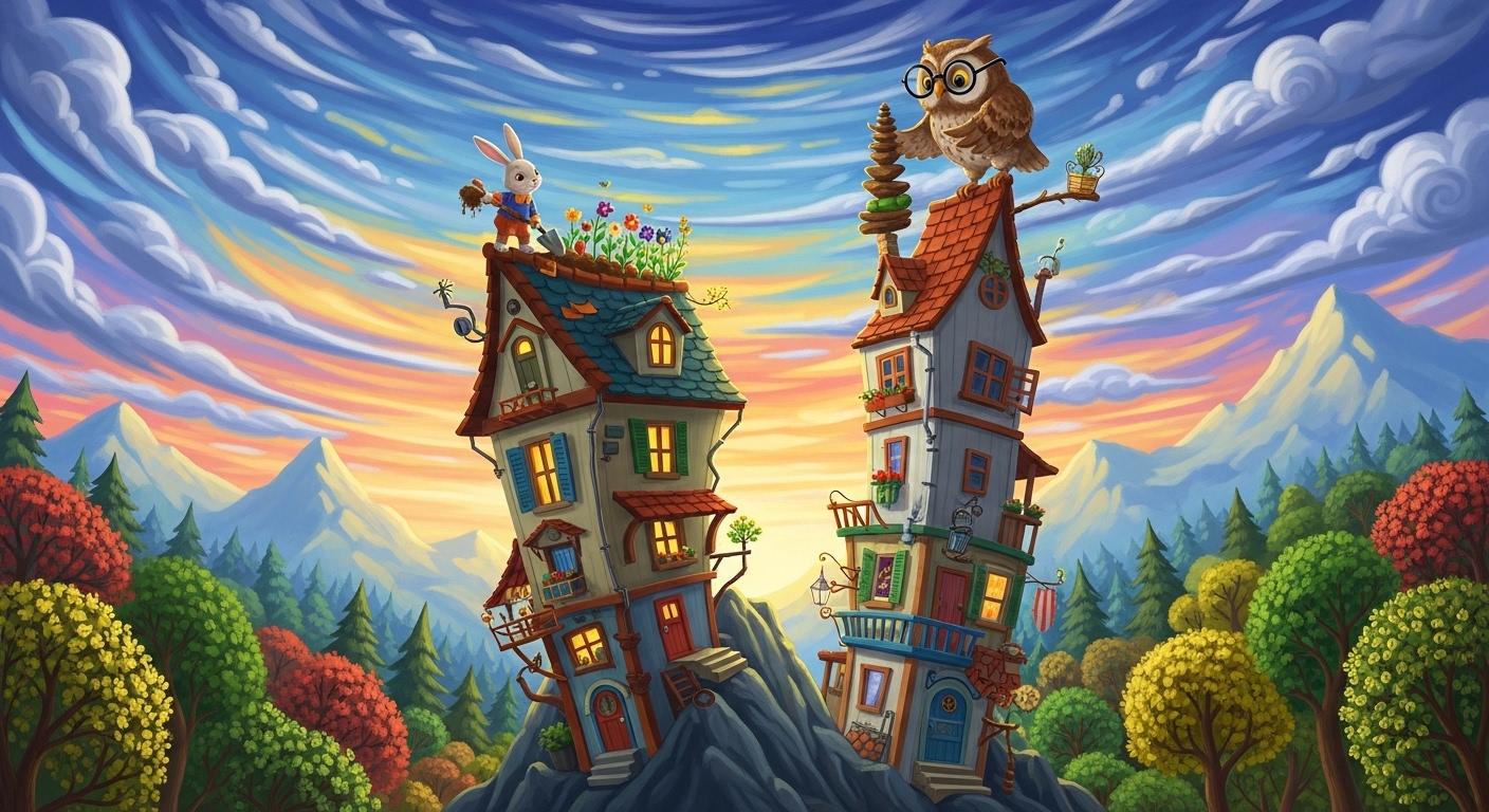 Dağın tepesinde evlerini sürekli yükselten tavşan ve baykuşun masalsı illüstrasyonu.