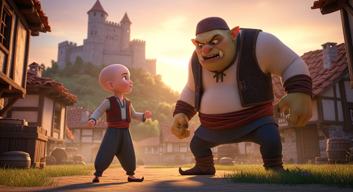 Keloglan ve acgozlu dev masalinda, keloglani sato onunde deve meydan okurken gosteren sahne