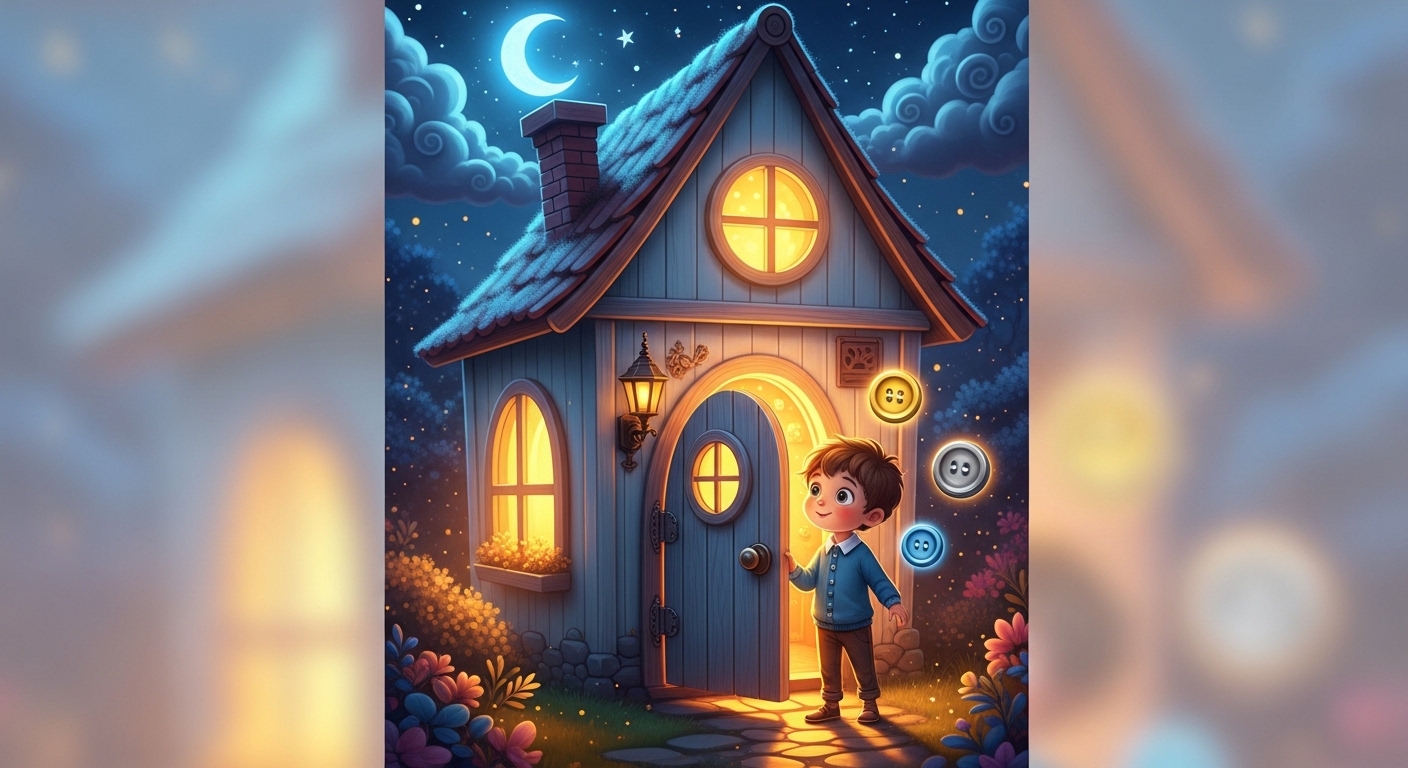 Üç sihirli düğmeli evin önünde duran meraklı bir çocuk ve gökyüzünde parlayan altın, gümüş ve mavi düğmelerin bulunduğu masalsı illüstrasyon.