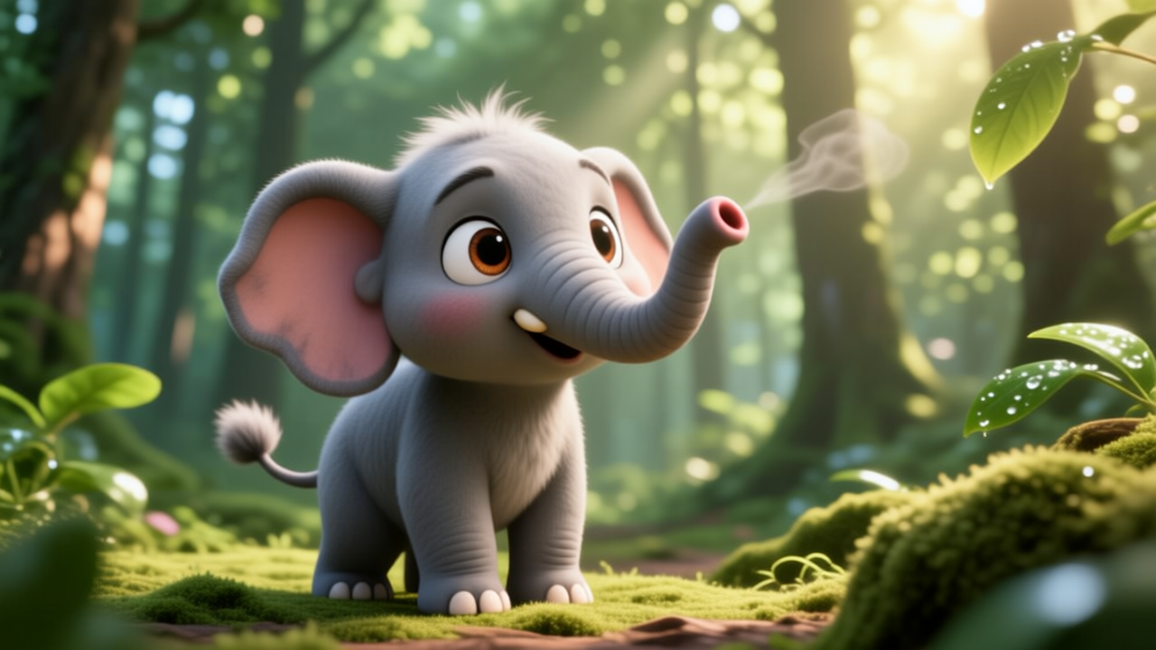 Uçmak isteyen fil Mino masalında, küçük filin etrafa hayranlıkla baktığı sahne