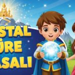 Kristal Küre masalında Altın Güneş Sarayı önünde duran cesur genç ve büyülü prenses