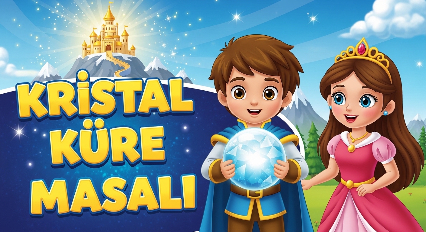 Kristal Küre masalında Altın Güneş Sarayı önünde duran cesur genç ve büyülü prenses