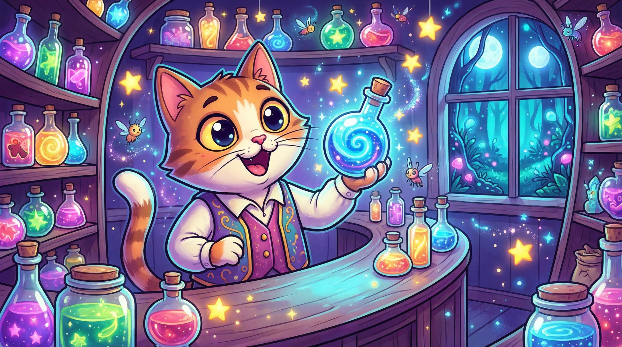 Rüya dükkanındaki kedinin elinde iksir şişelerini tuttuğu görsel